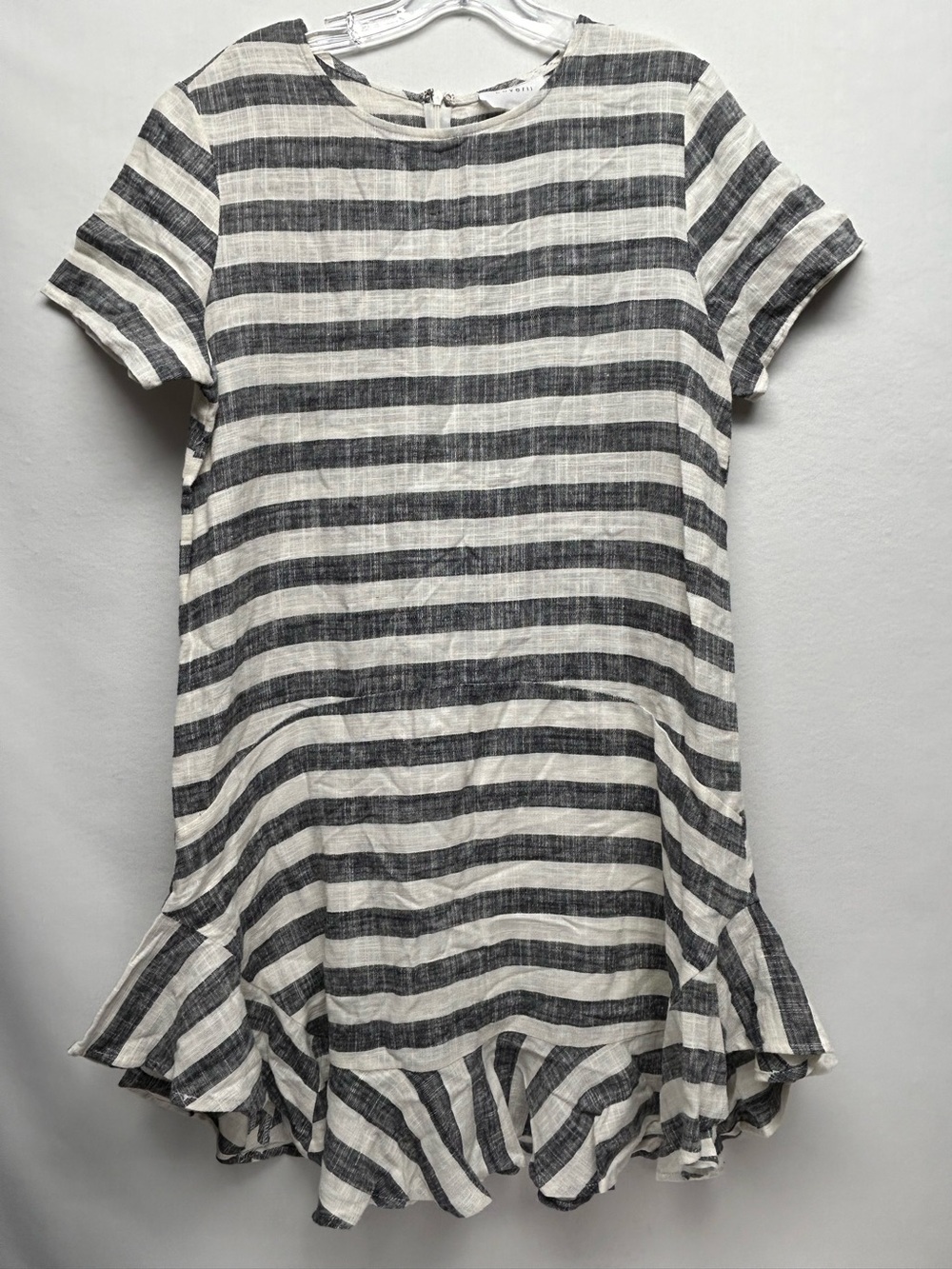 Ladies Black and White Striped Ruffle Hem Dress